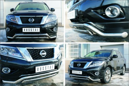 Защита переднего бампера D63 (волна) D75х42 (дуга) на Ниссан Патфайндер ( Nissan Pathfinder 2014-)