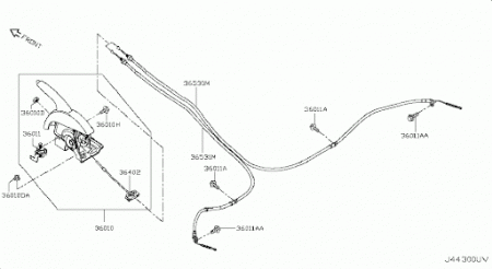 Трос стояночного тормоза правый ( ручника) на Nissan Sentra B17 ( 2014-), Tiida C13 ( 2014-) 365303DD0A/